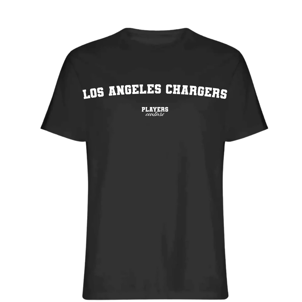 Los Angeles Chargers t-shirt – black men's t-shirt with white Los Angeles Chargers letters and Players Couture logo on the
