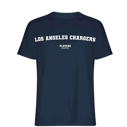 Los Angeles Chargers t-shirt – navy men's t-shirt with white Los Angeles Chargers letters and Players Couture logo on the
