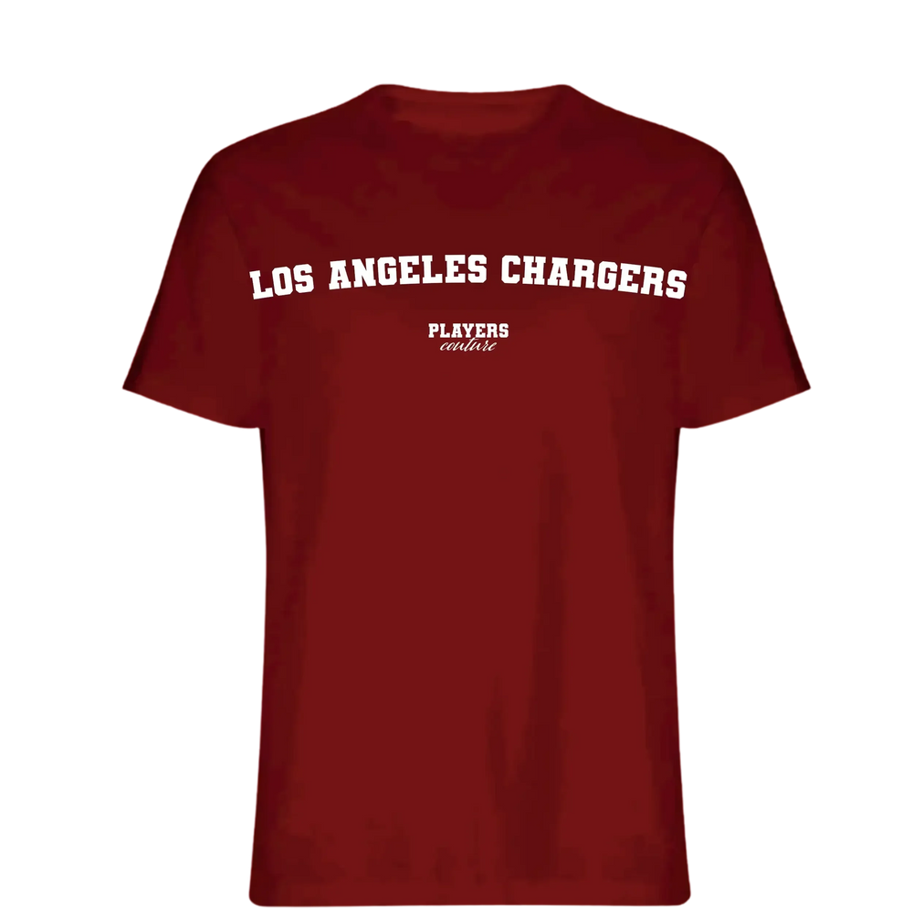 Los Angeles Chargers t-shirt – red men's t-shirt with white Los Angeles Chargers letters and Players Couture logo on the