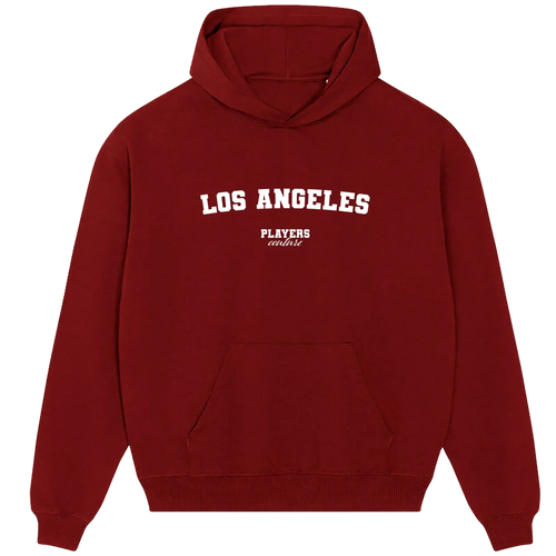 Los Angeles hoodie – red men's hoodie with white Los Angeles letters and Players Couture logo on the chest