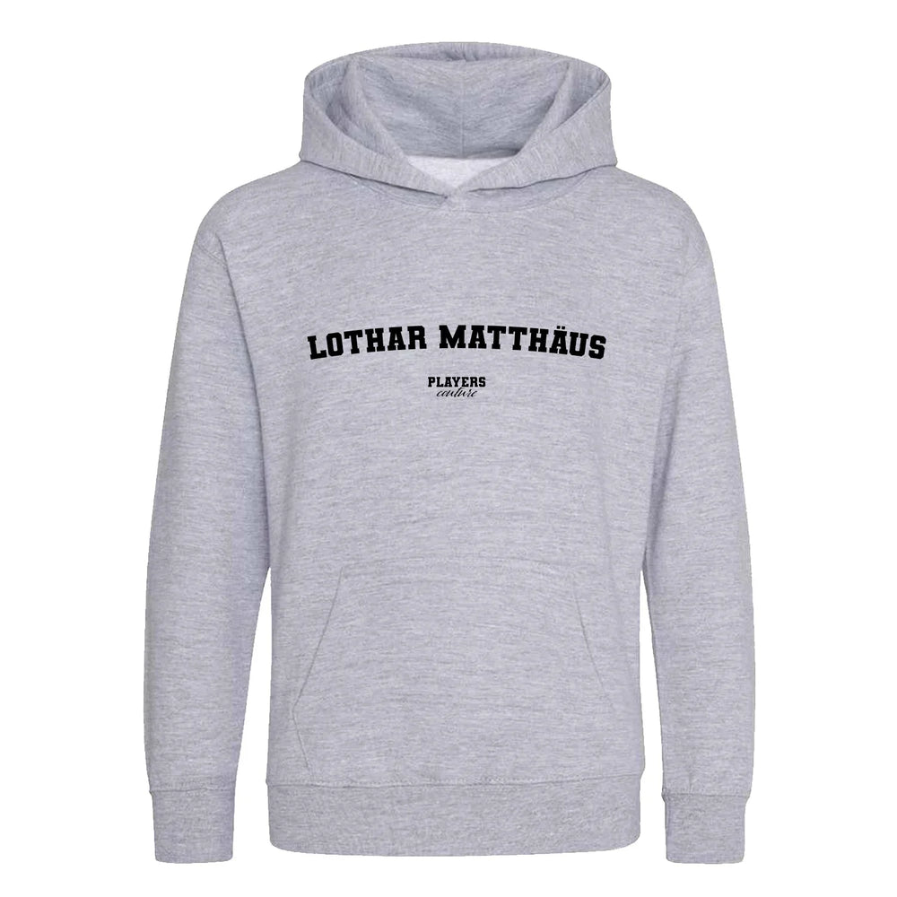 Lothar Matthäus hoodie – grey kids' hoodie with black Lothar Matthäus letters and Players Couture logo on the chest