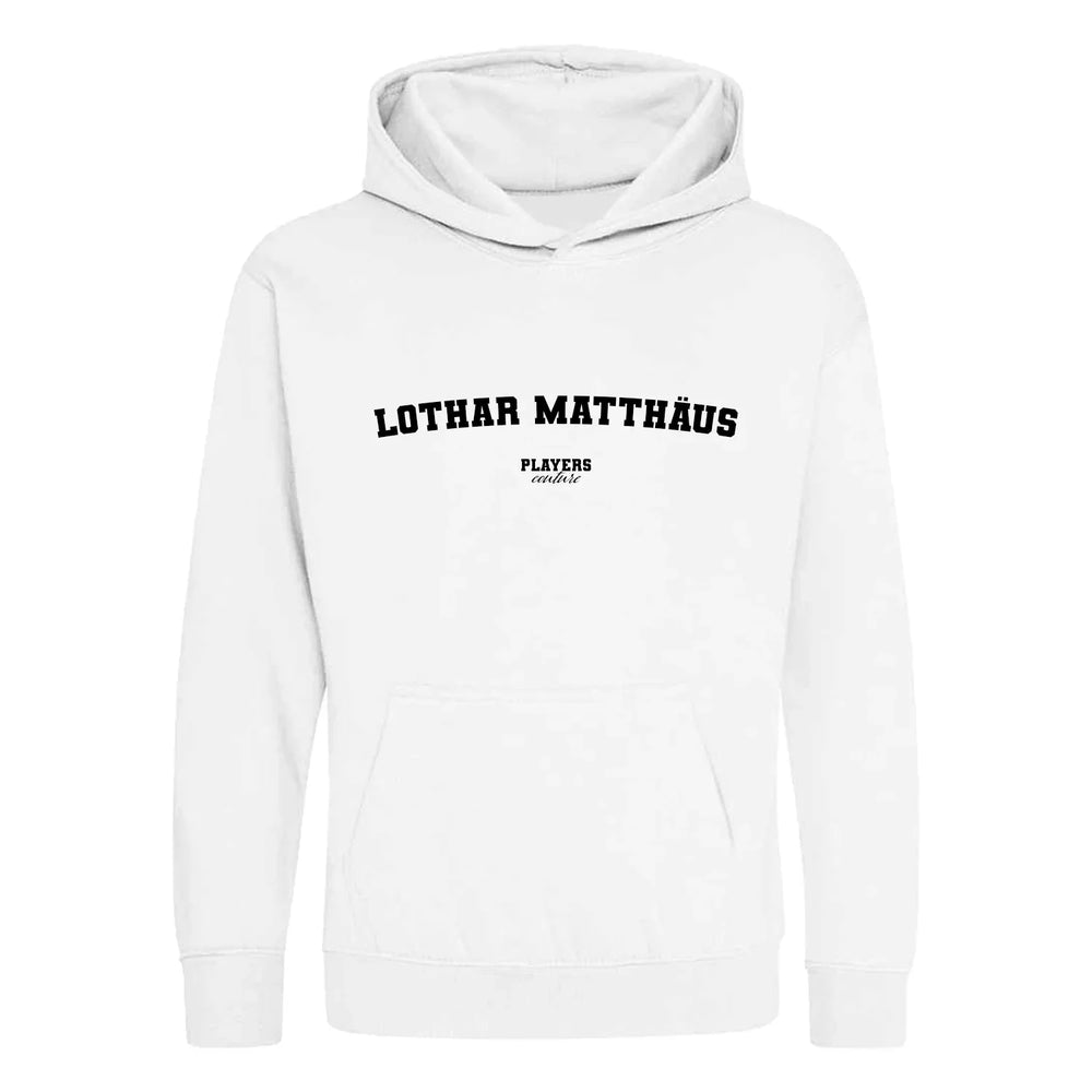 Lothar Matthäus hoodie – white kids' hoodie with black Lothar Matthäus letters and Players Couture logo on the chest