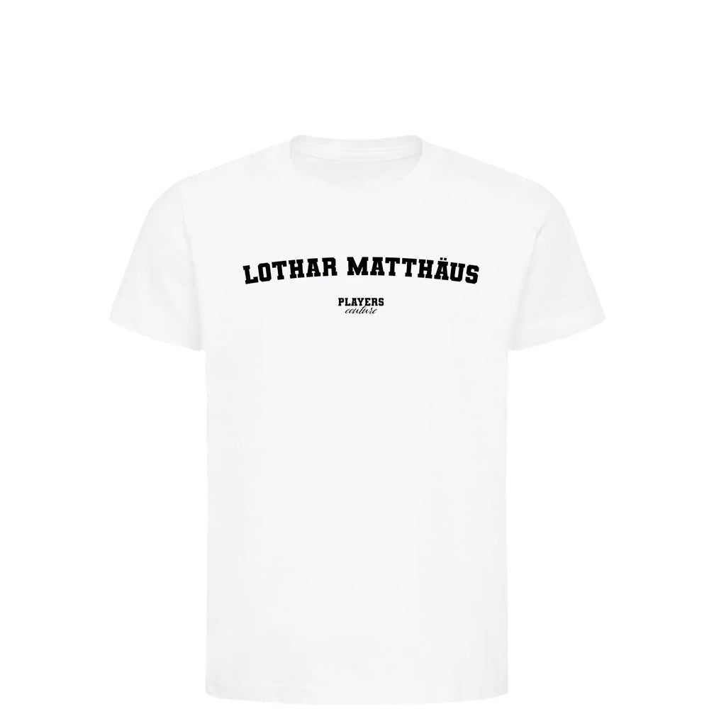 Lothar Matthaus t-shirt – white kids' t-shirt with black Lothar Matthaus letters and Players Couture logo on the chest