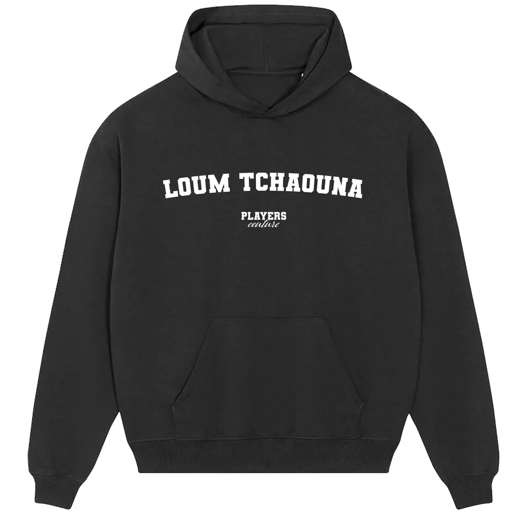 Loum Tchaouna hoodie – black men's hoodie with white Loum Tchaouna letters and Players Couture logo on the chest