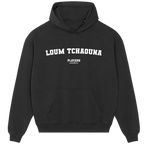 Loum Tchaouna hoodie – black men's hoodie with white Loum Tchaouna letters and Players Couture logo on the chest