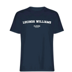 Lucinda Williams t-shirt – navy men's t-shirt with white Lucinda Williams letters and Players Couture logo on the chest