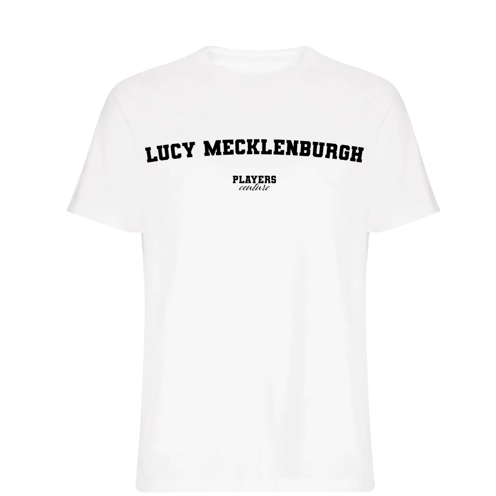 Lucy Mecklenburgh men's T-shirt in white with bold name lettering