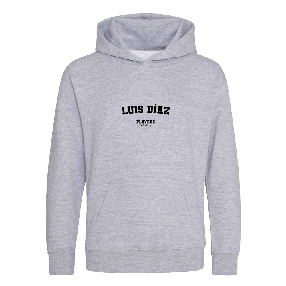 Luis Díaz hoodie – grey kids' hoodie with black Luis Díaz letters and Players Couture logo on the chest