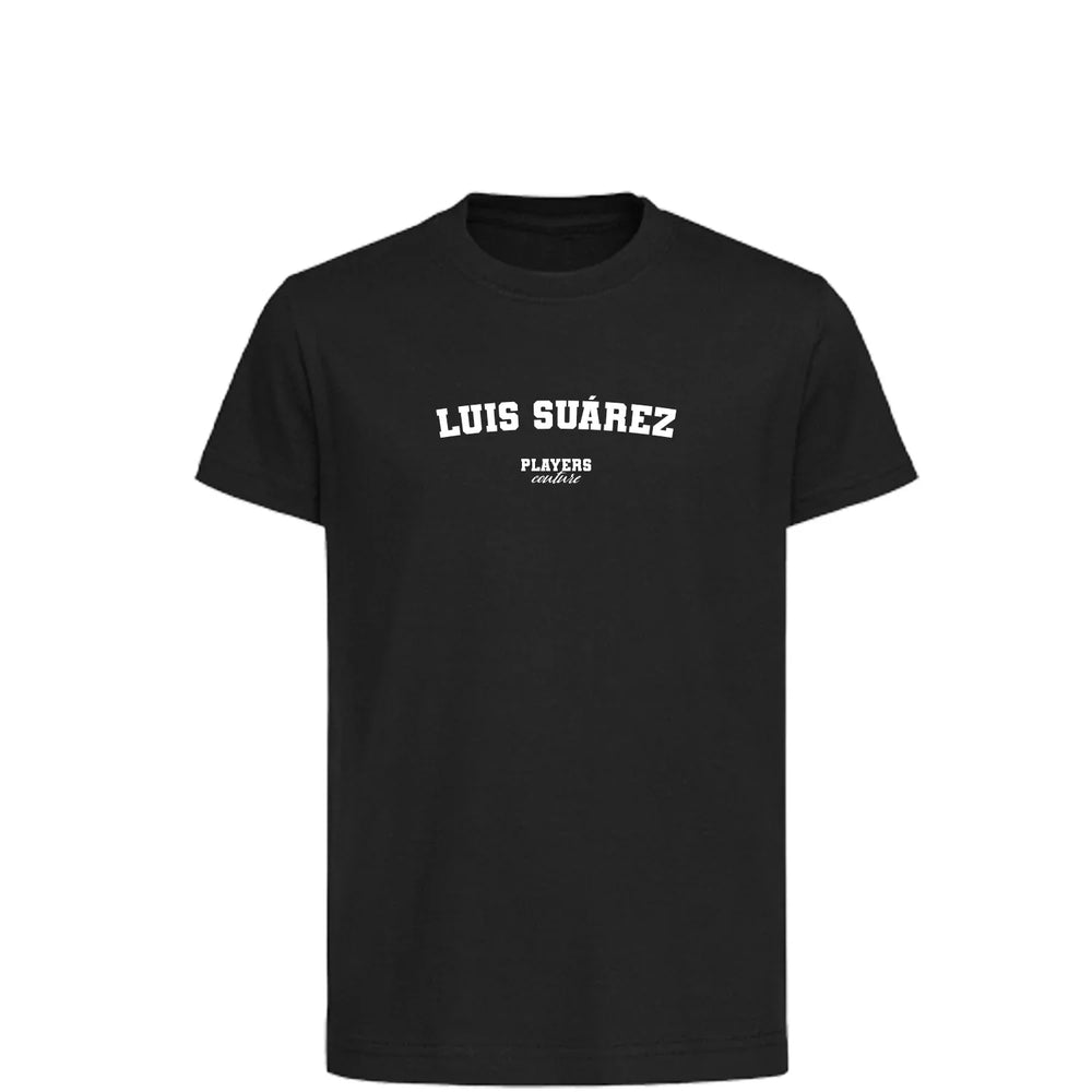 Luis Suarez t-shirt – black kids' t-shirt with white Luis Suarez letters and Players Couture logo on the chest