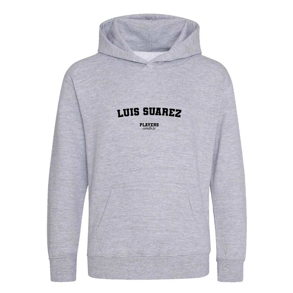 Luis Suarez hoodie – grey kids' hoodie with black Luis Suarez letters and Players Couture logo on the chest