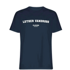 Luther Vandross t-shirt – navy men's t-shirt with white Luther Vandross letters and Players Couture logo on the chest