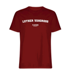 Luther Vandross t-shirt – red men's t-shirt with white Luther Vandross letters and Players Couture logo on the chest