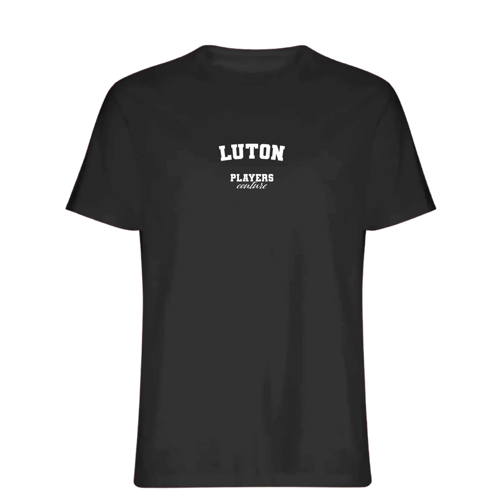 Luton t-shirt – black men's t-shirt with white Luton letters and Players Couture logo on the chest