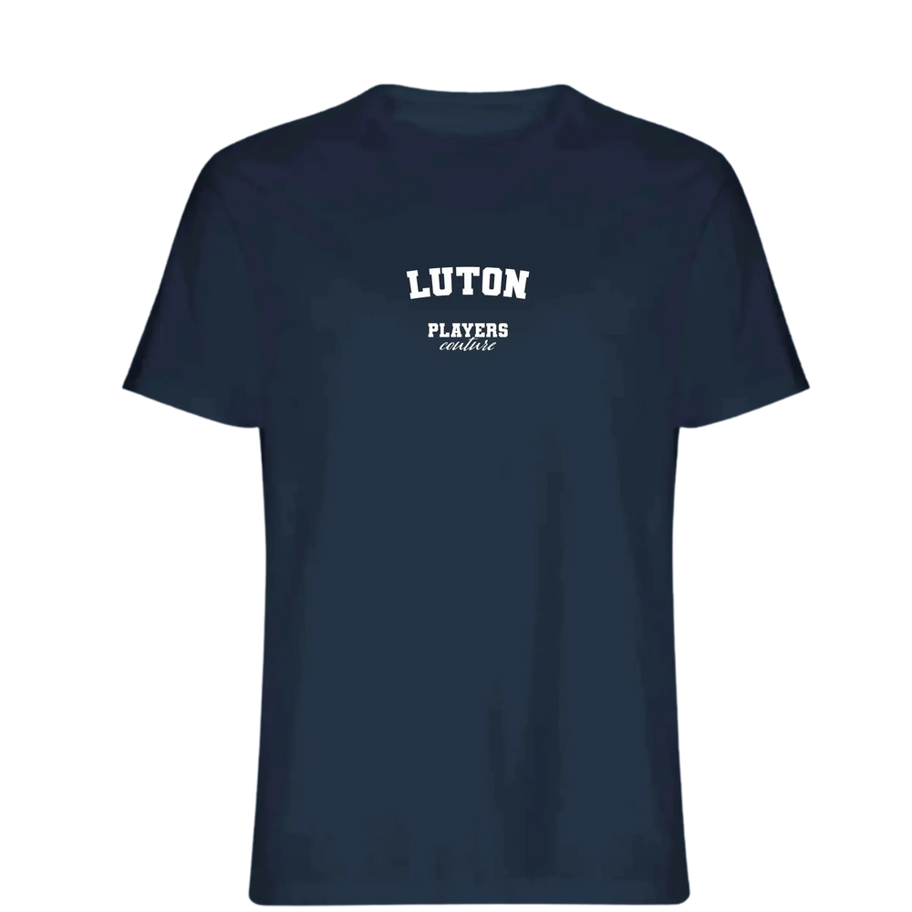 Luton t-shirt – navy men's t-shirt with white Luton letters and Players Couture logo on the chest