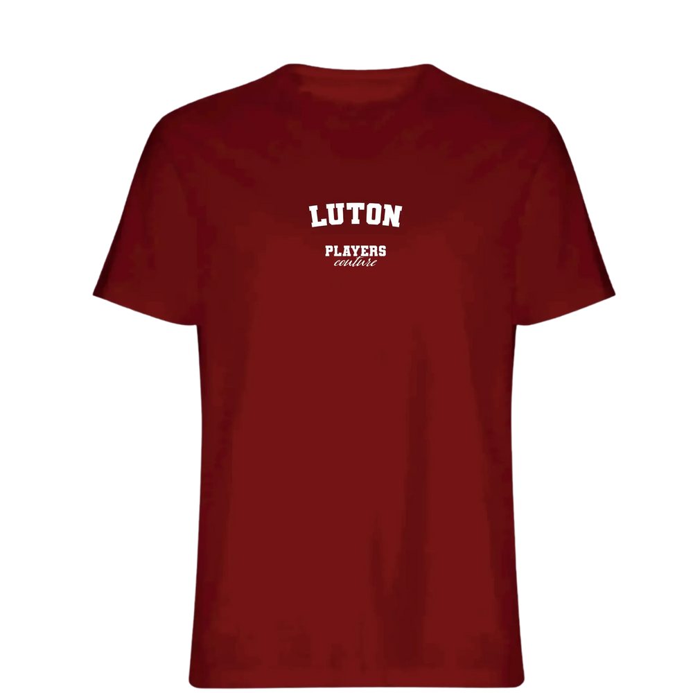Luton t-shirt – red men's t-shirt with white Luton letters and Players Couture logo on the chest