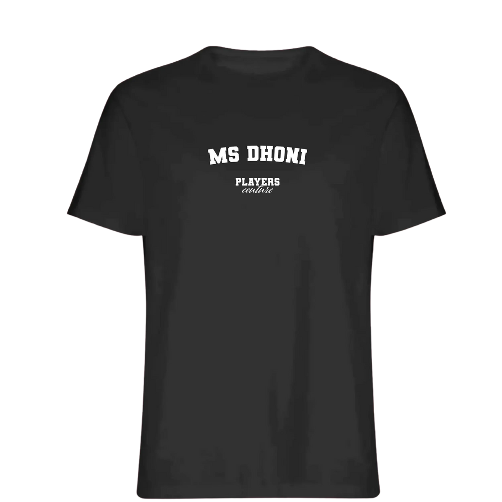 MS Dhoni t-shirt – black men's t-shirt with white MS Dhoni letters and Players Couture logo on the chest