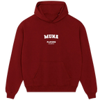 MUNA hoodie – red men's hoodie with white MUNA letters and Players Couture logo on the chest