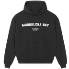 Magdalena Bay hoodie – black men's hoodie with white Magdalena Bay letters and Players Couture logo on the chest