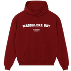 Magdalena Bay hoodie – red men's hoodie with white Magdalena Bay letters and Players Couture logo on the chest