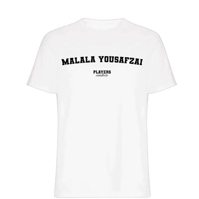 Malala Yousafzai t-shirt – white men's t-shirt with black Malala Yousafzai letters and Players Couture logo on the chest