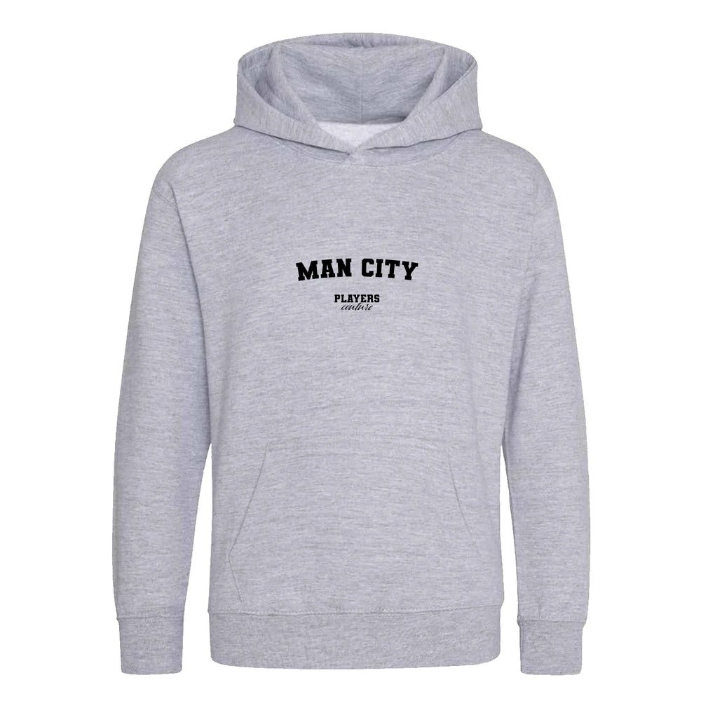 Man City hoodie – grey kids' hoodie with black Man City letters and Players Couture logo on the chest