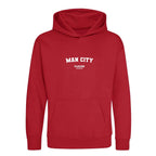 Man City hoodie – red kids' hoodie with white Man City letters and Players Couture logo on the chest