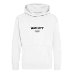 Man City hoodie – white kids' hoodie with black Man City letters and Players Couture logo on the chest