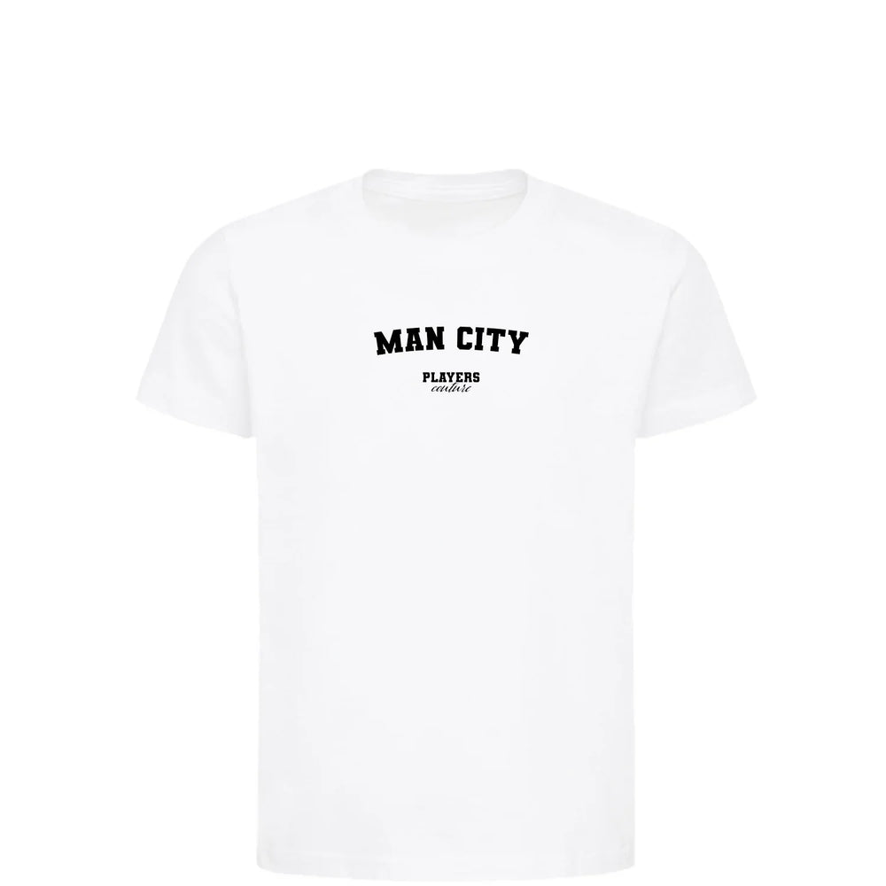 Man City t-shirt – white kids' t-shirt with black Man City letters and Players Couture logo on the chest