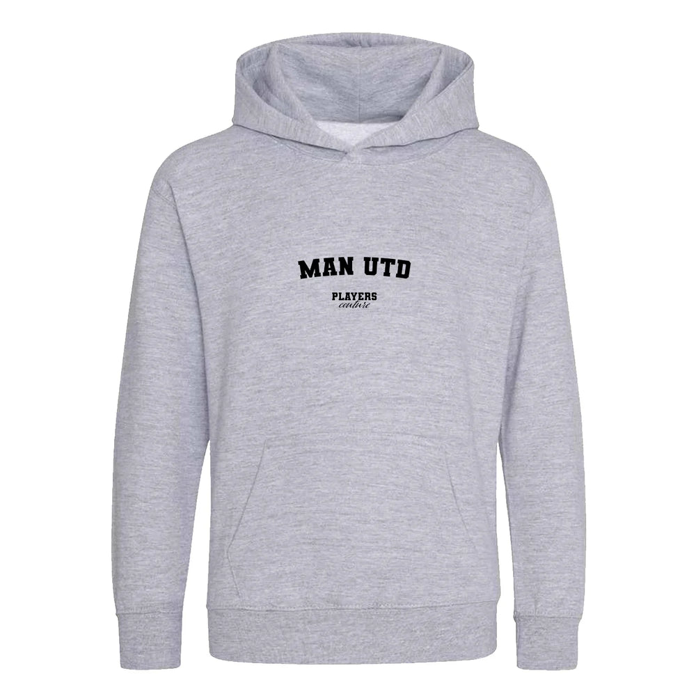 Man Utd hoodie – grey kids' hoodie with black Man Utd letters and Players Couture logo on the chest