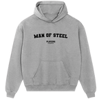 Man Of Steel hoodie – grey men's hoodie with black Man Of Steel letters and Players Couture logo on the chest