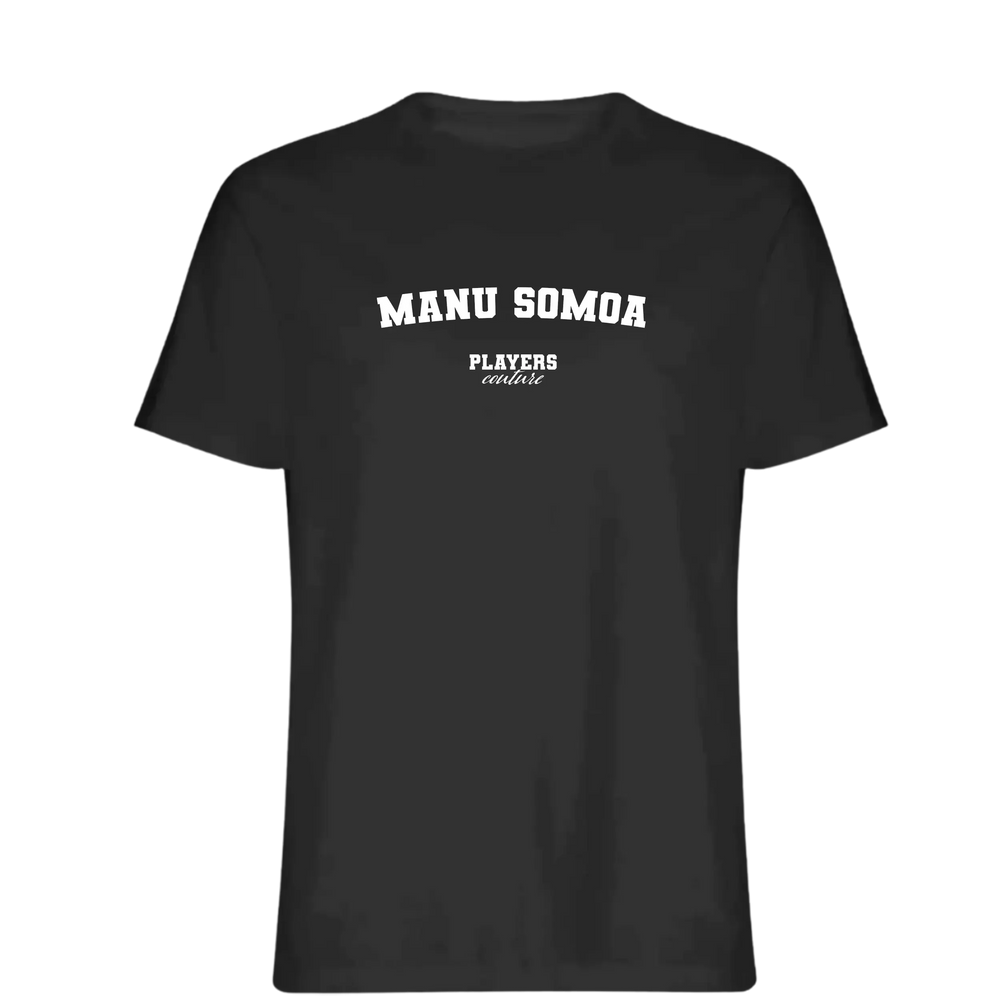 Manu Somoa t-shirt – black men's t-shirt with white Manu Somoa letters and Players Couture logo on the chest