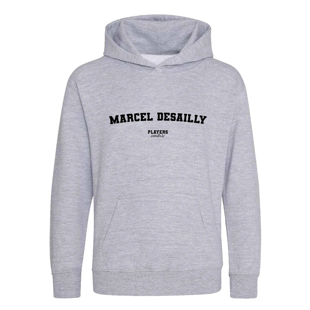 Marcel Desailly hoodie – grey kids' hoodie with black Marcel Desailly letters and Players Couture logo on the chest