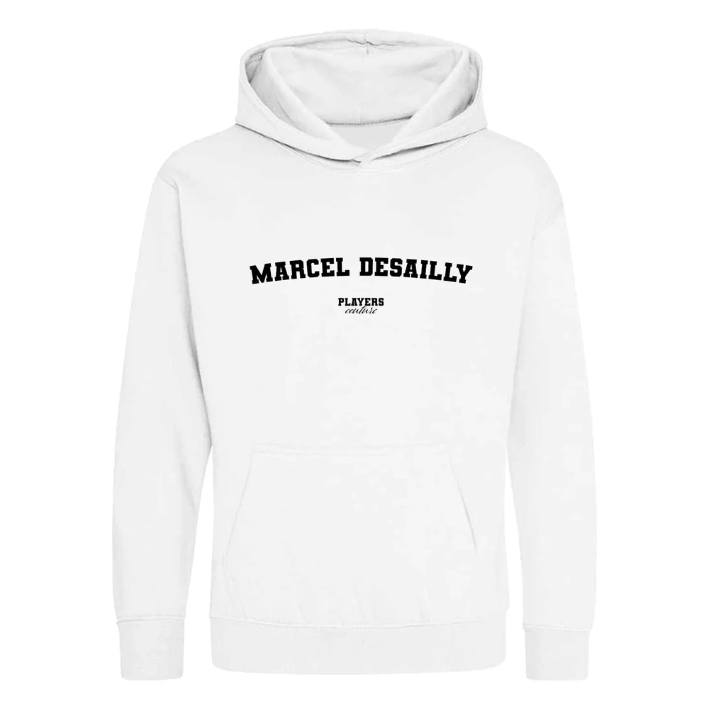 Marcel Desailly hoodie – white kids' hoodie with black Marcel Desailly letters and Players Couture logo on the chest