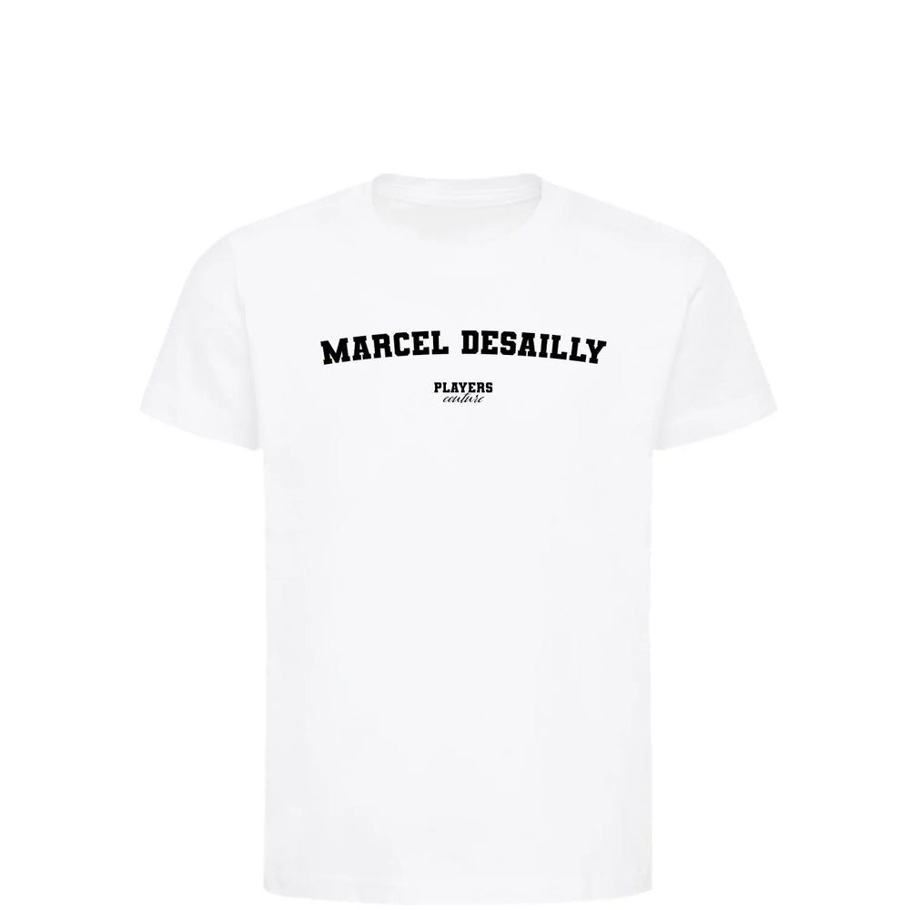 Marcel Desailly t-shirt – white kids' t-shirt with black Marcel Desailly letters and Players Couture logo on the chest