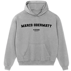 Marco Odermatt hoodie – grey men's hoodie with black Marco Odermatt letters and Players Couture logo on the chest