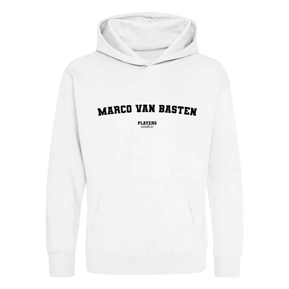 Marco van Basten hoodie – white kids' hoodie with black Marco van Basten letters and Players Couture logo on the chest