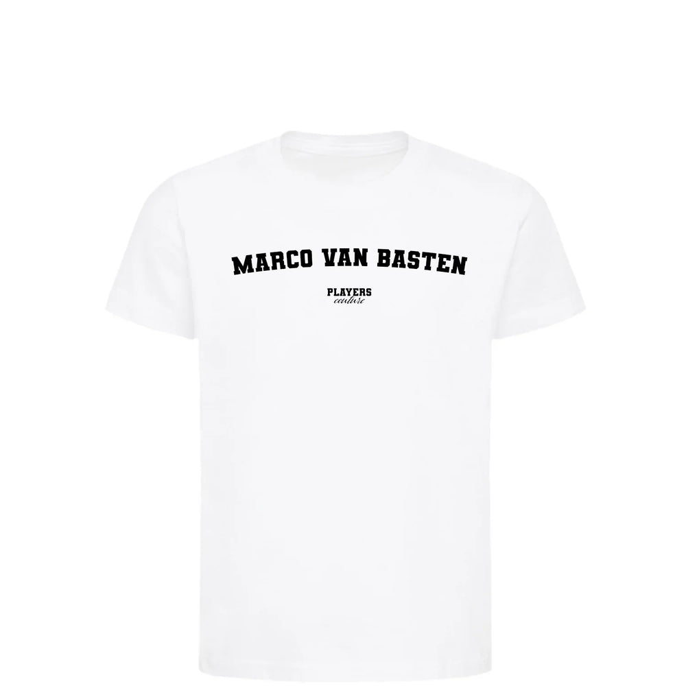 Marco van Basten t-shirt – white kids' t-shirt with black Marco van Basten letters and Players Couture logo on the chest