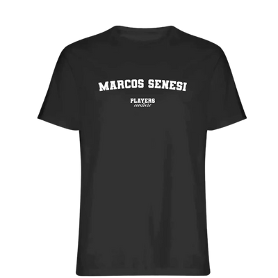 Marcos Senesi t-shirt – black men's t-shirt with white Marcos Senesi letters and Players Couture logo on the chest