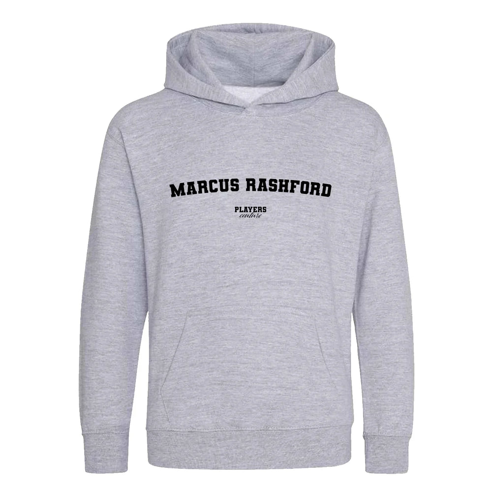 Marcus Rashford hoodie – grey kids' hoodie with black Marcus Rashford letters and Players Couture logo on the chest