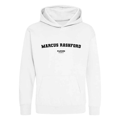 Marcus Rashford hoodie – white kids' hoodie with black Marcus Rashford letters and Players Couture logo on the chest