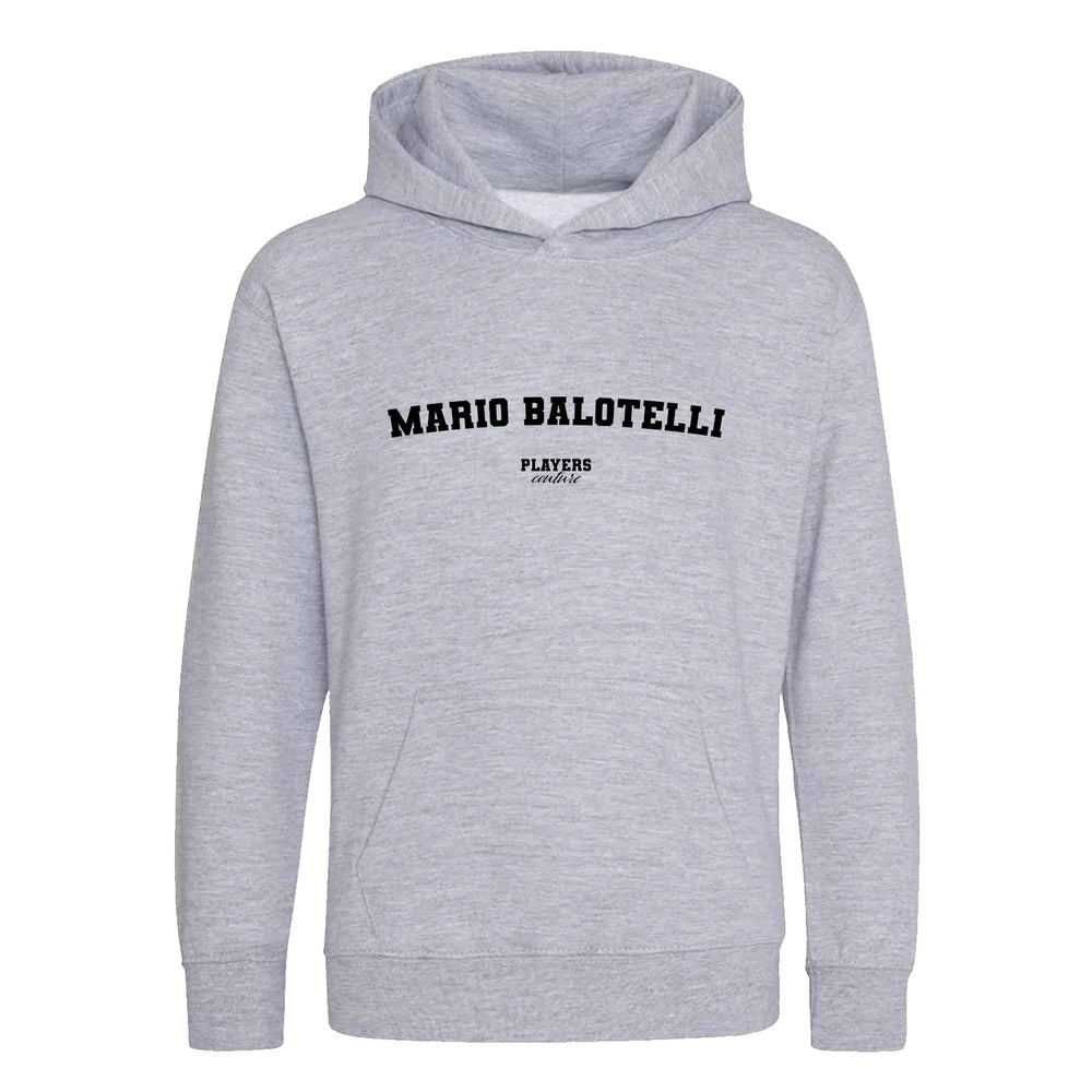 Mario Balotelli hoodie – grey kids' hoodie with black Mario Balotelli letters and Players Couture logo on the chest