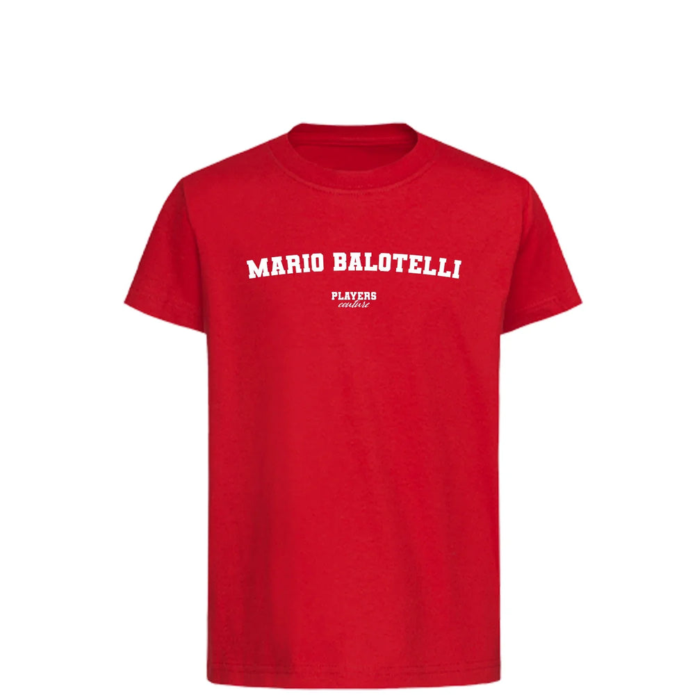 Mario Balotelli t-shirt – red kids' t-shirt with white Mario Balotelli letters and Players Couture logo on the chest