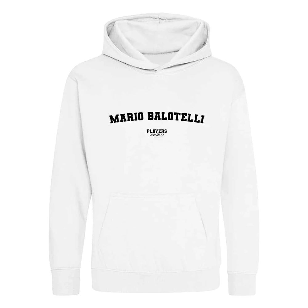 Mario Balotelli hoodie – white kids' hoodie with black Mario Balotelli letters and Players Couture logo on the chest