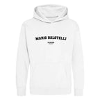 Mario Balotelli hoodie – white kids' hoodie with black Mario Balotelli letters and Players Couture logo on the chest