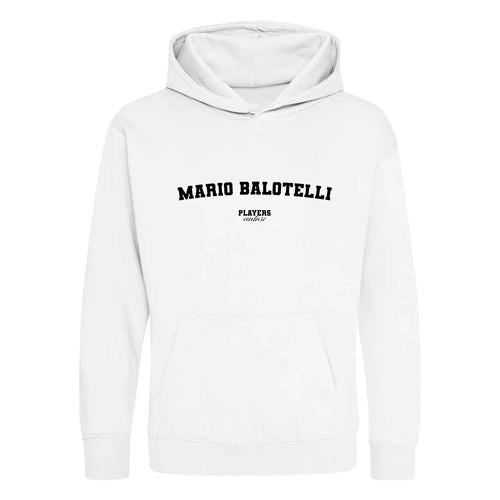 Mario Balotelli hoodie – white kids' hoodie with black Mario Balotelli letters and Players Couture logo on the chest