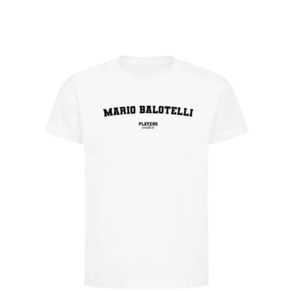 Mario Balotelli t-shirt – white kids' t-shirt with black Mario Balotelli letters and Players Couture logo on the chest