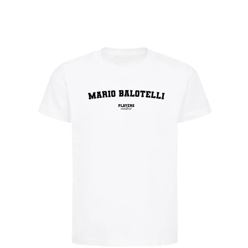 Mario Balotelli t-shirt – white kids' t-shirt with black Mario Balotelli letters and Players Couture logo on the chest