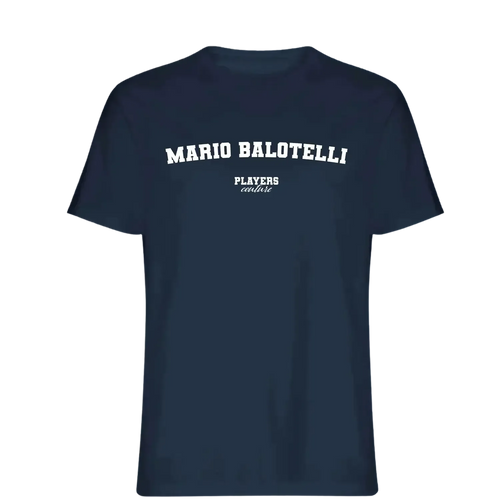 Mario Balotelli t-shirt – navy men's t-shirt with white Mario Balotelli letters and Players Couture logo on the chest