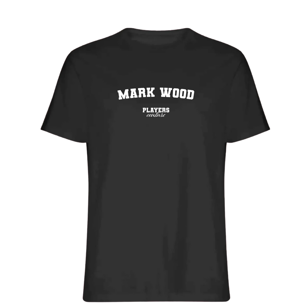 Mark Wood t-shirt – black men's t-shirt with white Mark Wood letters and Players Couture logo on the chest
