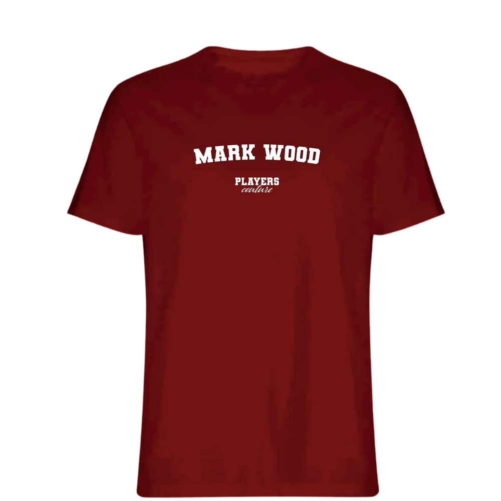 Mark Wood t-shirt – red men's t-shirt with white Mark Wood letters and Players Couture logo on the chest